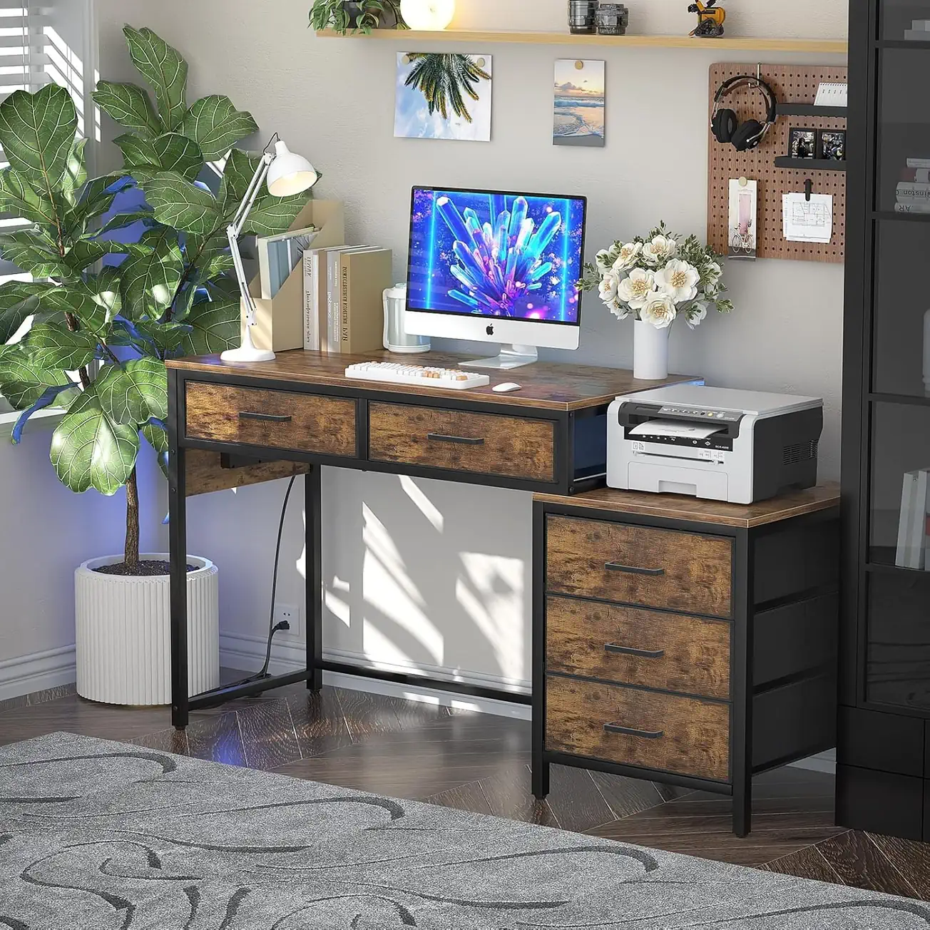 Comfuri 52-inch computer desk in rustic brown styled in a modern home office lifestyle setup, highlighting the 5 storage drawers and printer cabinet. comfuri 52 inch computer desk 5 drawers rustic brown lifestyle scene