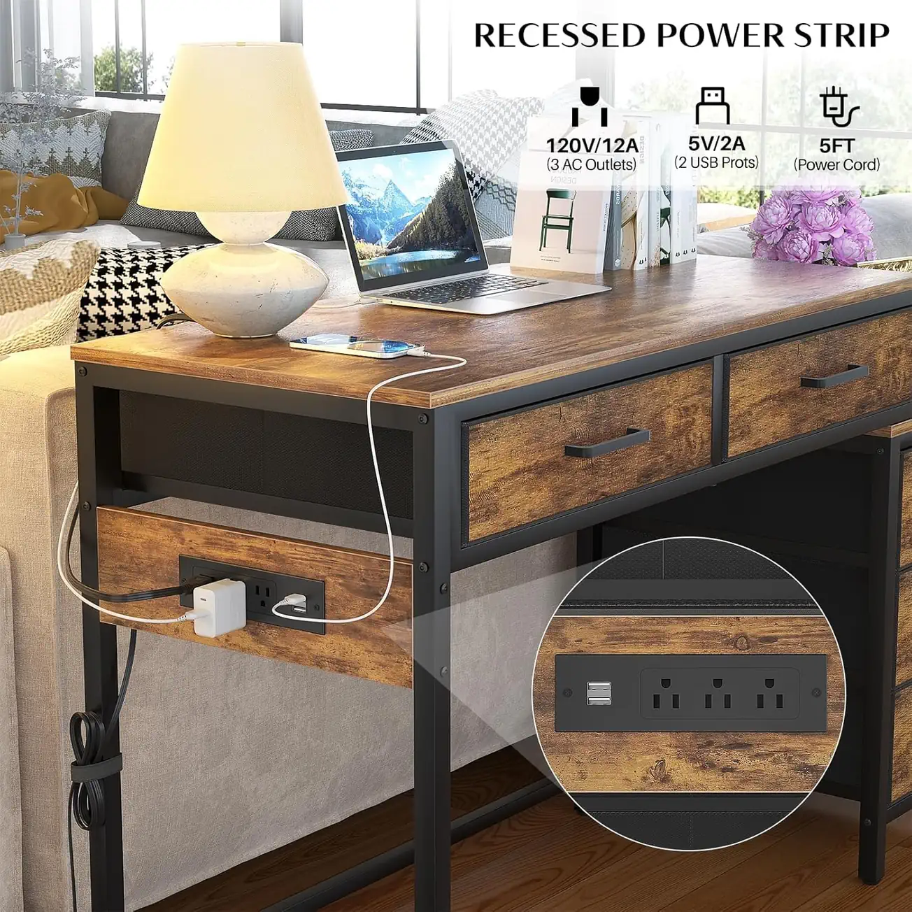 Comfuri computer desk featuring a recessed power strip with 3 AC outlets (120V/12A), 2 USB ports (5V/2A), and a 5ft power cord for integrated workspace charging comfuri 52 inch computer desk recessed power strip details
