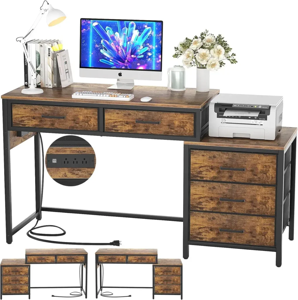 comfuri 52 inch computer desk with 5 drawers rustic brown