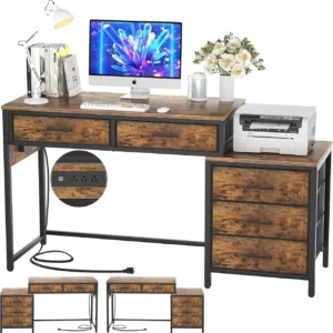 comfuri 52 inch computer desk with 5 drawers rustic brown