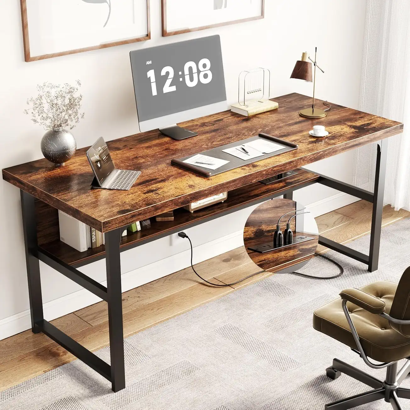 Comfuri 53" (135 cm) Heavy Duty Computer Desk with Built-in Power Outlets, Modern Writing Table with Under-Desk Storage Shelf Lifestyle Setup for Home Office comfuri 53 inch 135 cm computer desk with power outlets lifestyle