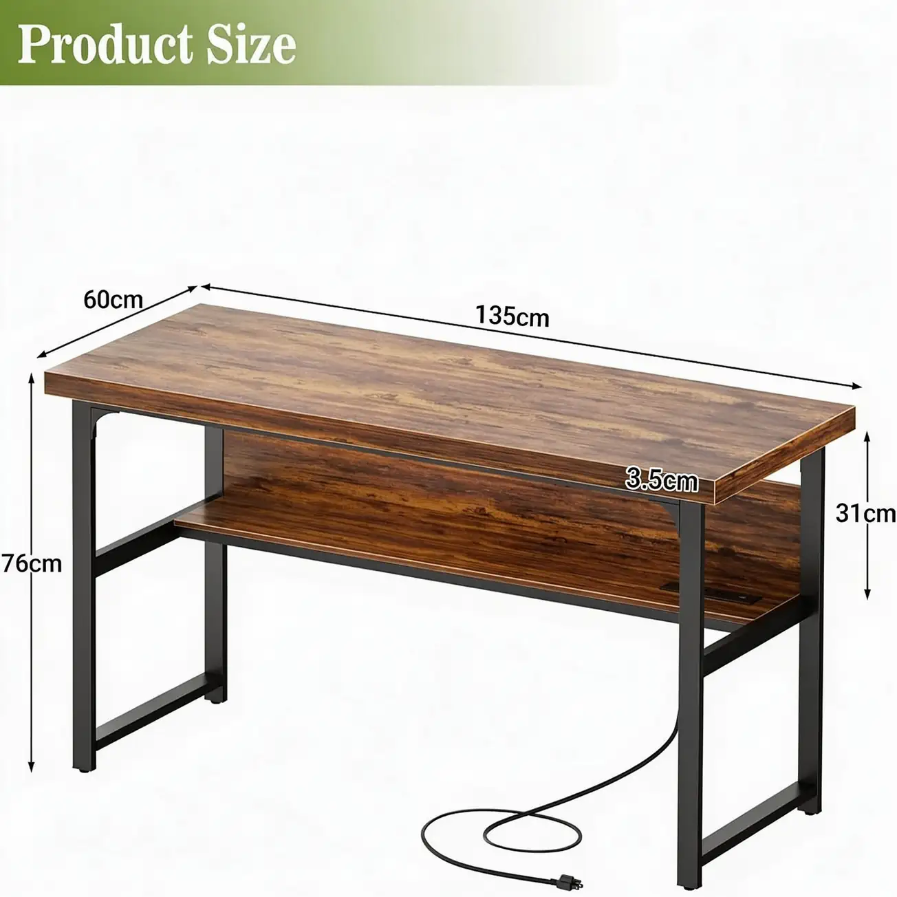 Size Chart and Dimensions of Comfuri 53" (135 cm) Heavy Duty Computer Desk showing 1.4" (3.5 cm) Thicker Desktop and Under-Desk Storage Shelf Measurements comfuri 53 inch 135 cm heavy duty computer desk dimensions.webp