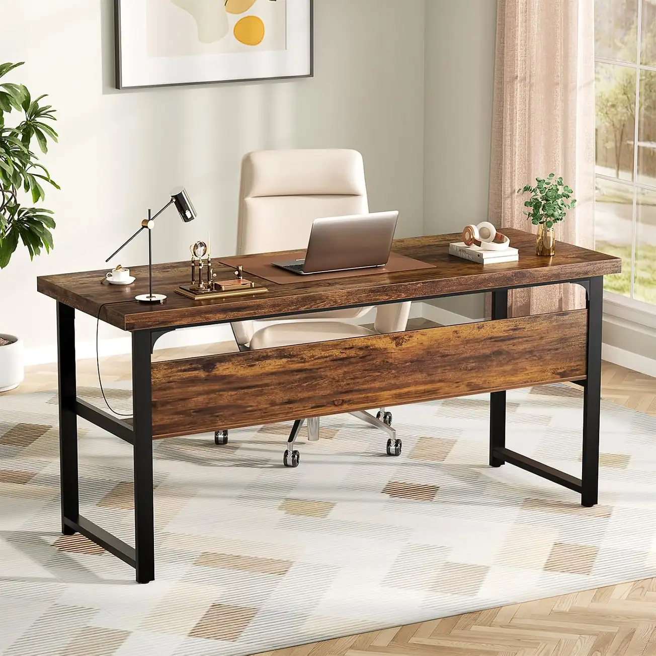 Comfuri 53" (135 cm) Heavy Duty Computer Desk with Thicker Desktop, Modern Simple Study Writing Table with Storage Shelf Lifestyle Setup for Home Office comfuri 53 inch 135 cm heavy duty computer desk lifestyle
