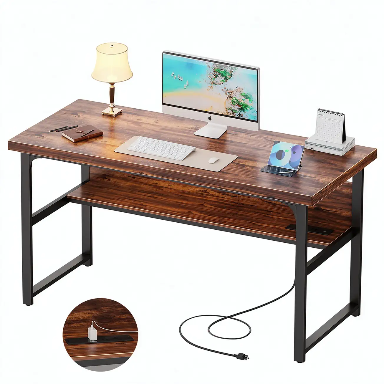 Comfuri 53" (135 cm) Heavy Duty Computer Desk with Built-in Power Outlets, Modern Writing Table with Under-Desk Storage Shelf for Home Office Workspace comfuri 53 inch 135 cm heavy duty pc desk with power outlets