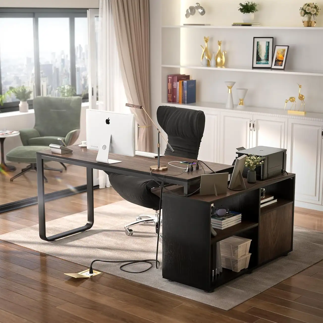 comfuri 55 inch 140 cm l shaped computer desk lifestyle Comfuri 55" (140 cm) L-Shaped Computer Desk with Storage Cabinet, Executive Office Workstation with Shelves Lifestyle Setup for Home Office