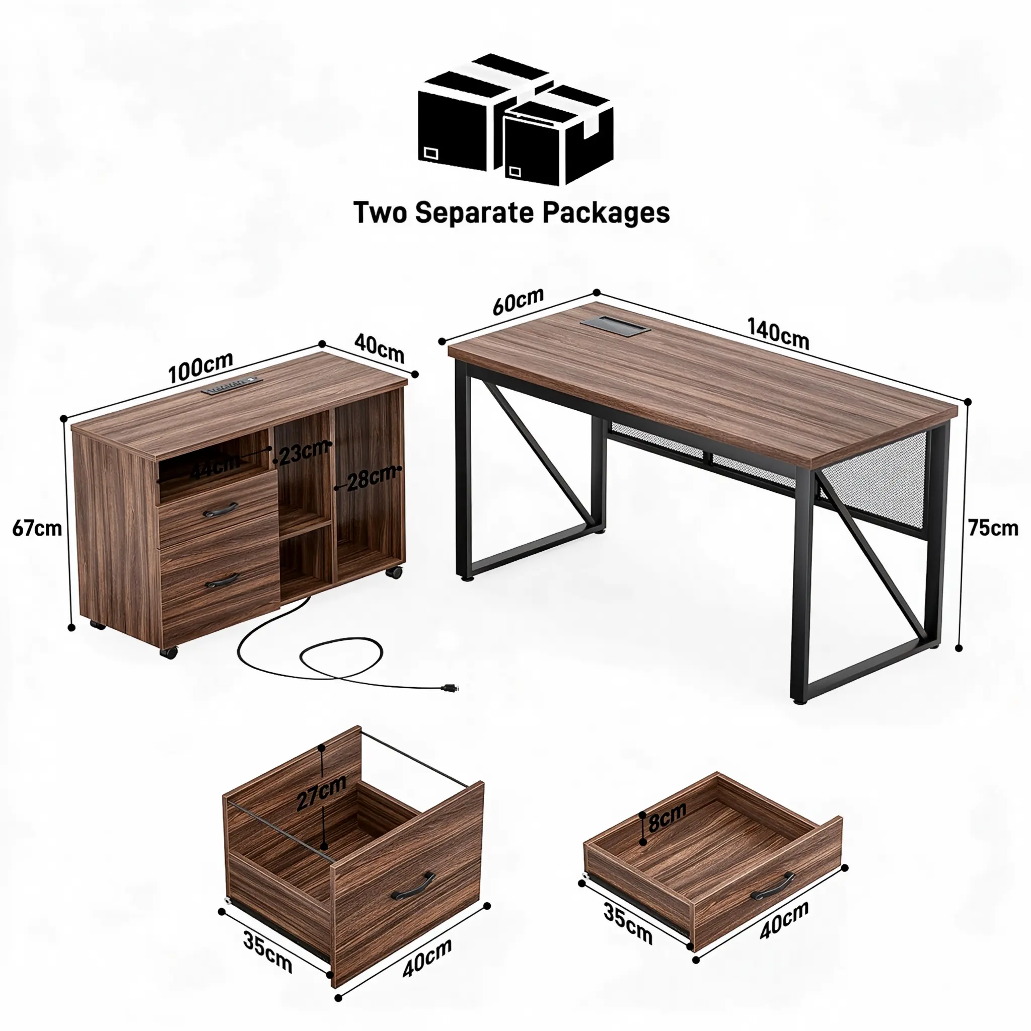 Size Chart and Dimensions of Comfuri 55" (140 cm) L-Shaped Executive Desk showing File Cabinet Drawer Measurements and Two Separate Packages Delivery comfuri 55 inch 140 cm l shaped desk dimensions and size chart