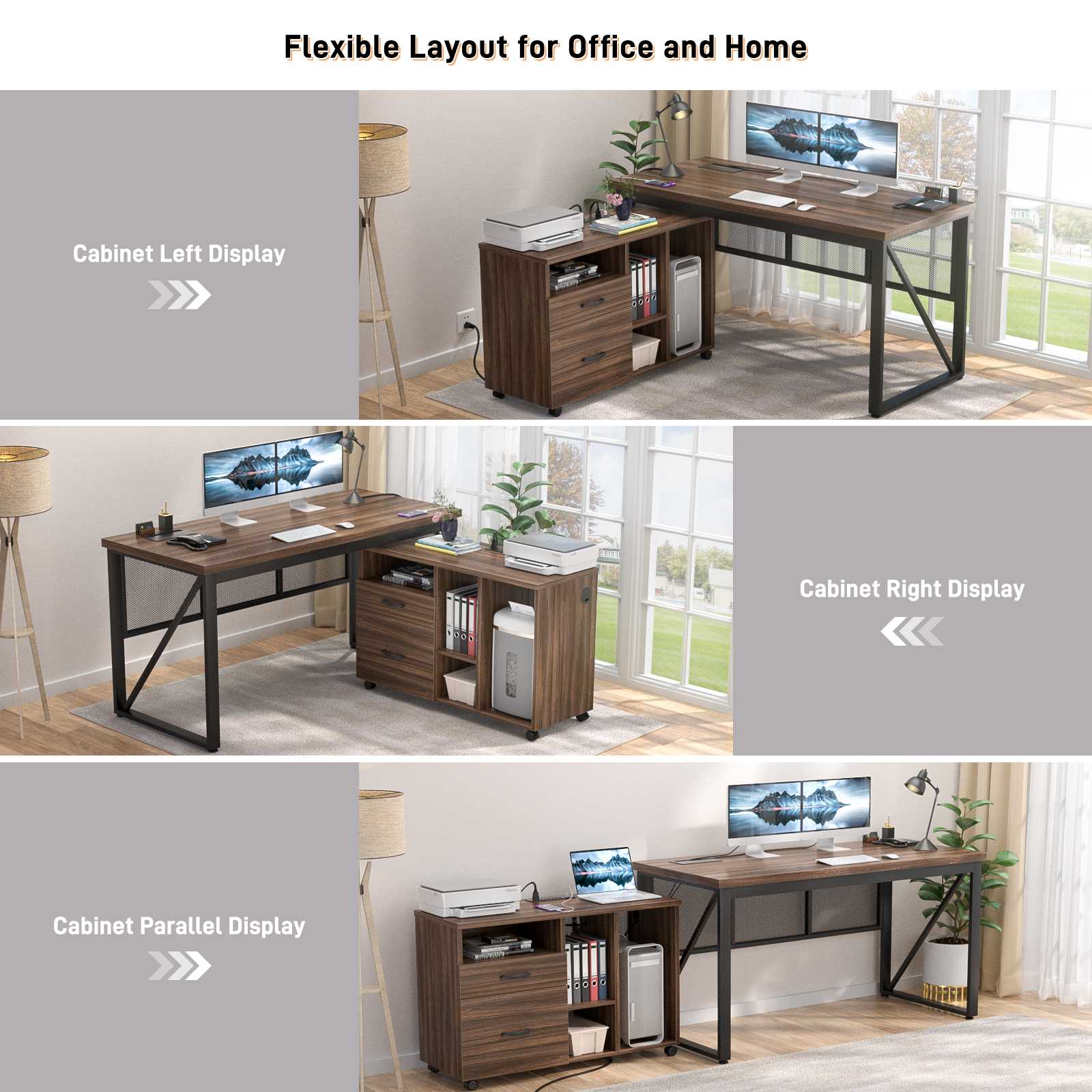 Comfuri 55" (140 cm) L-Shaped Desk Reversible Layout Options Showing Left Side Setup Right Side Setup and Parallel Display for Home Office comfuri 55 inch 140 cm l shaped desk reversible flexible layout