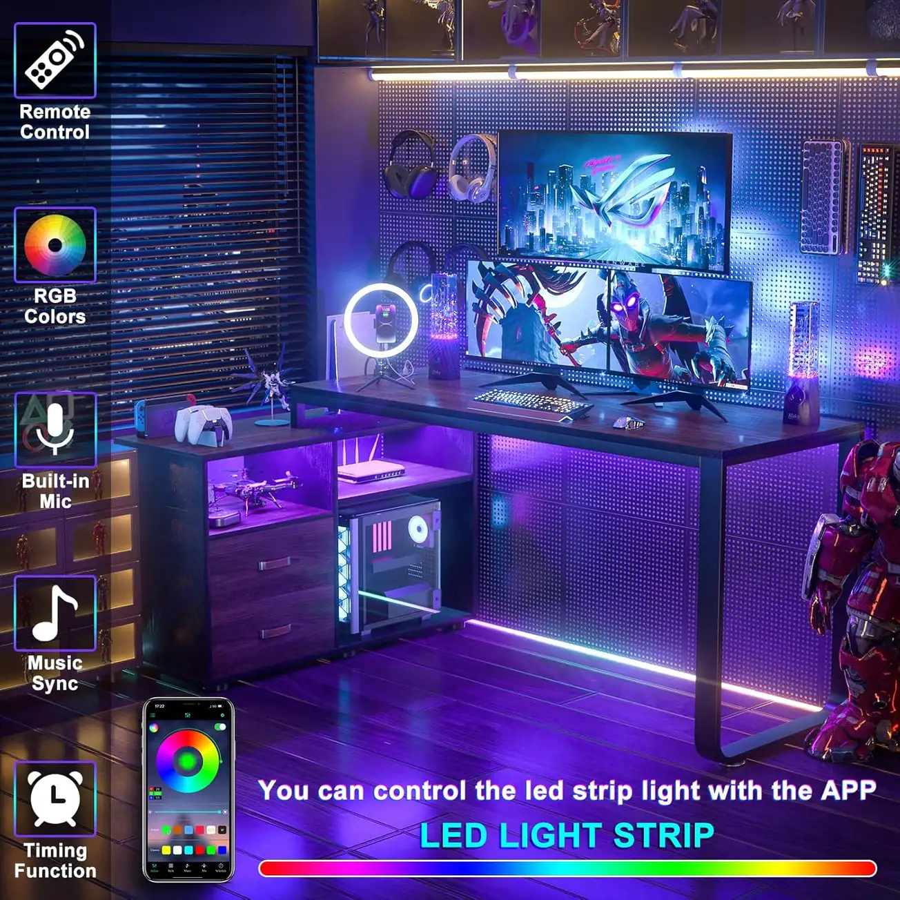 Comfuri 55" (140 cm) L-Shaped Gaming Desk Infographic Featuring Smart App Controlled LED Strip Lights with Music Sync Timing Function and Built-in Mic comfuri 55 inch 140 cm l shaped gaming desk smart app control led lights