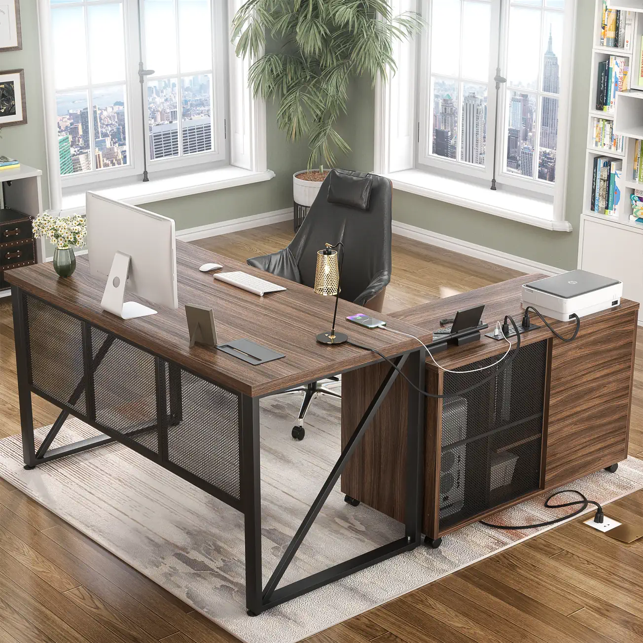 Comfuri 55" (140 cm) L-Shaped Office Desk with Mobile File Cabinet, Executive Computer Workstation Beside Window Lifestyle Setup for Home Office l shaped office desk lifestyle comfuri 55 inch 140 cm l shaped office desk lifestyle