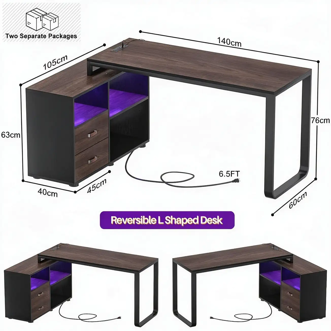 Size Chart and Dimensions of Comfuri 55" (140 cm) Reversible L-Shaped Desk with LED Strip Showing Two Separate Packages Delivery and Reversible Left Right Setup Options comfuri 55 inch 140 cm reversible l shaped desk dimensions