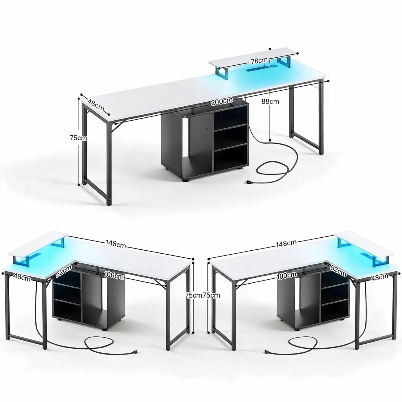 Comfuri 58-Inch L-Shaped Desk Size and Dimensions Chart Comfuri 58-inch L-shaped desk dimensions chart showing detailed height, width, and depth specifications for 3-way reversible configurations.