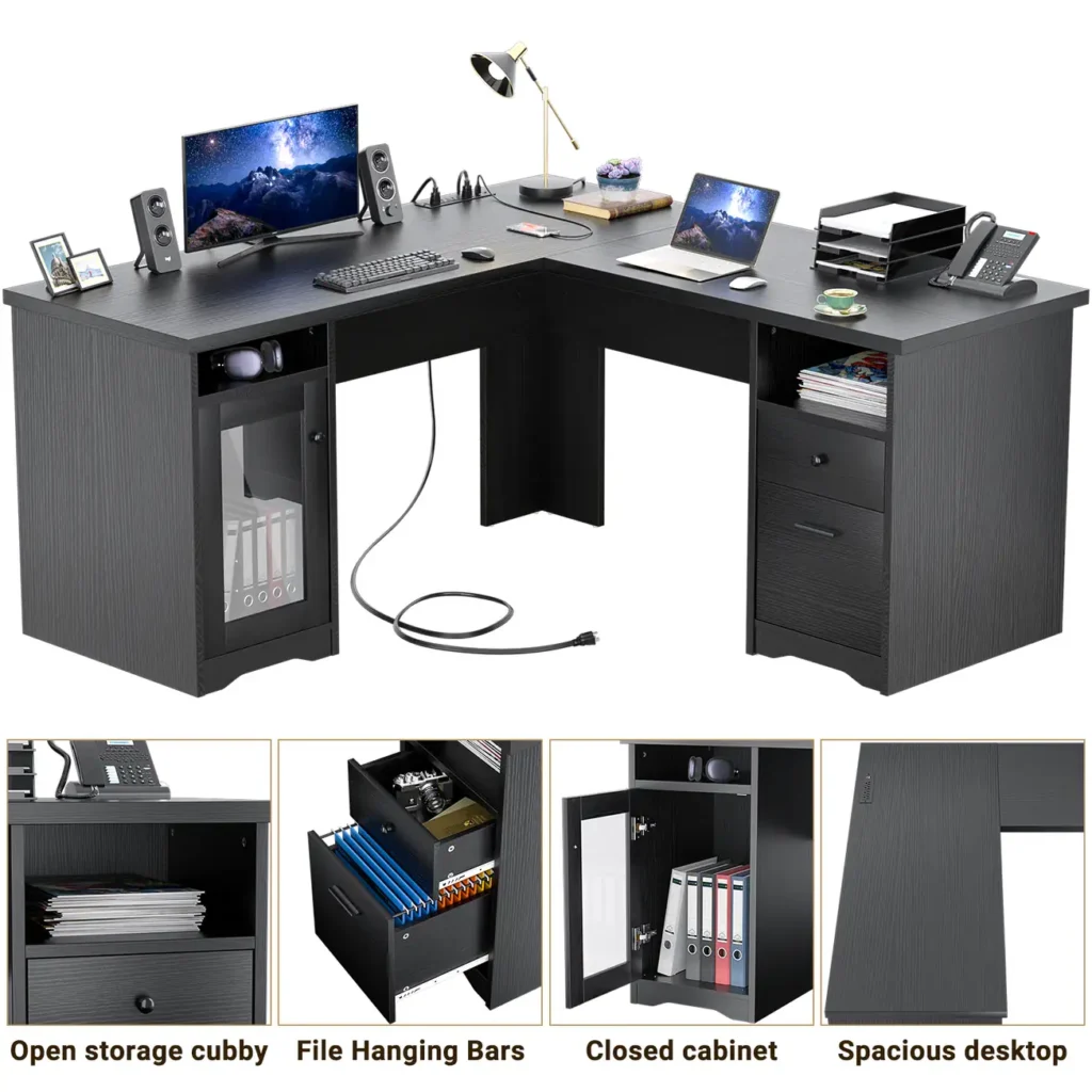 comfuri 60 inch 152cm executive l shaped desk with cabinets matte black