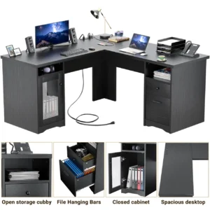 comfuri 60 inch 152cm executive l shaped desk with cabinets matte black