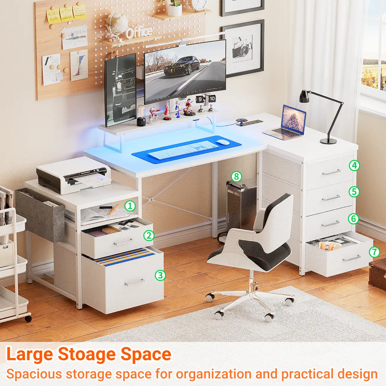Comfuri 71-inch white L-shaped computer desk showing detailed 8-zone storage capacity including a file drawer and multi-tier office organization shelves comfuri 71 inch l shaped computer desk storage capacity white
