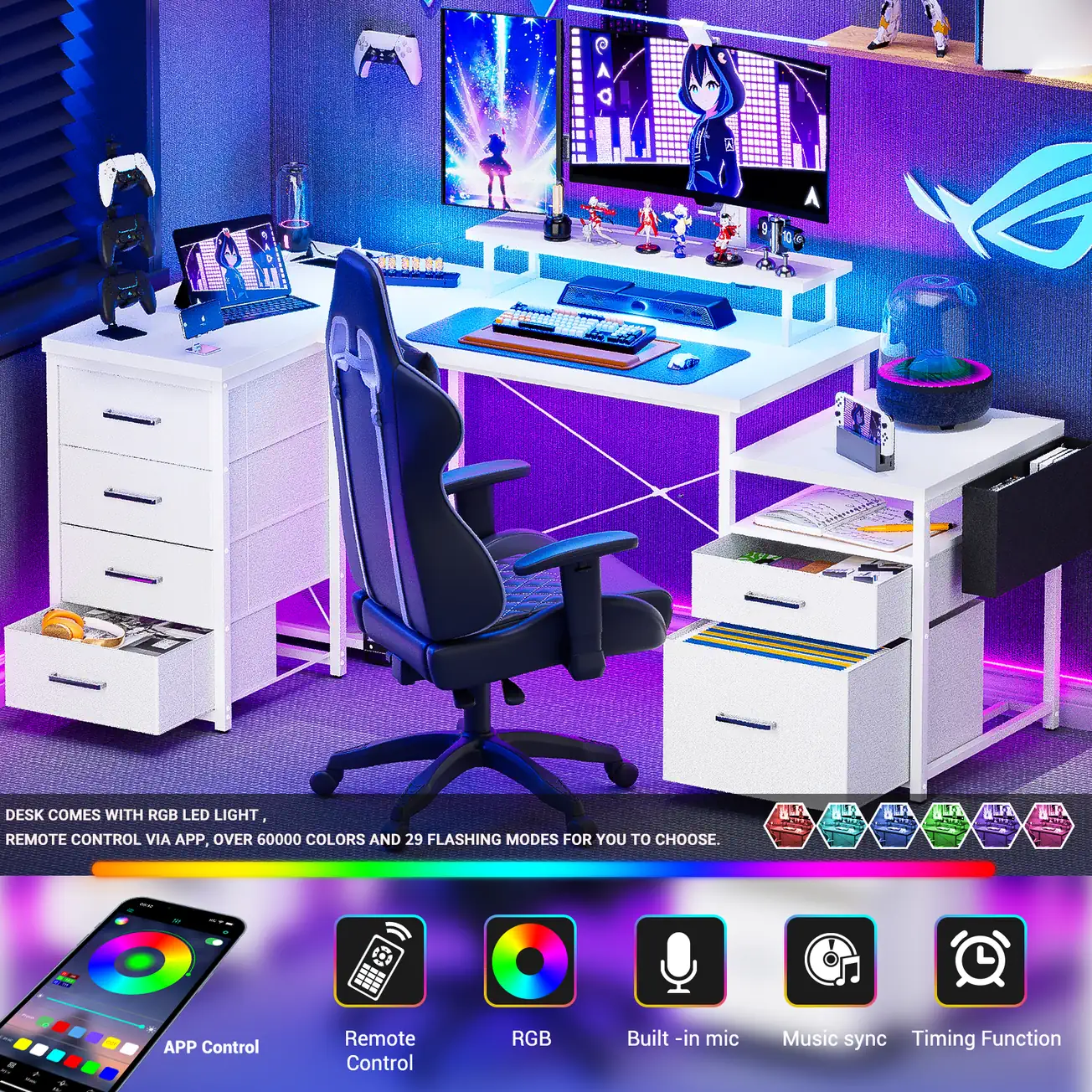 Comfuri 71-inch white L-shaped gaming desk featuring smart RGB LED lights with app control, wireless remote, music sync mode, and a built-in microphone comfuri 71 inch l shaped gaming desk smart rgb led white