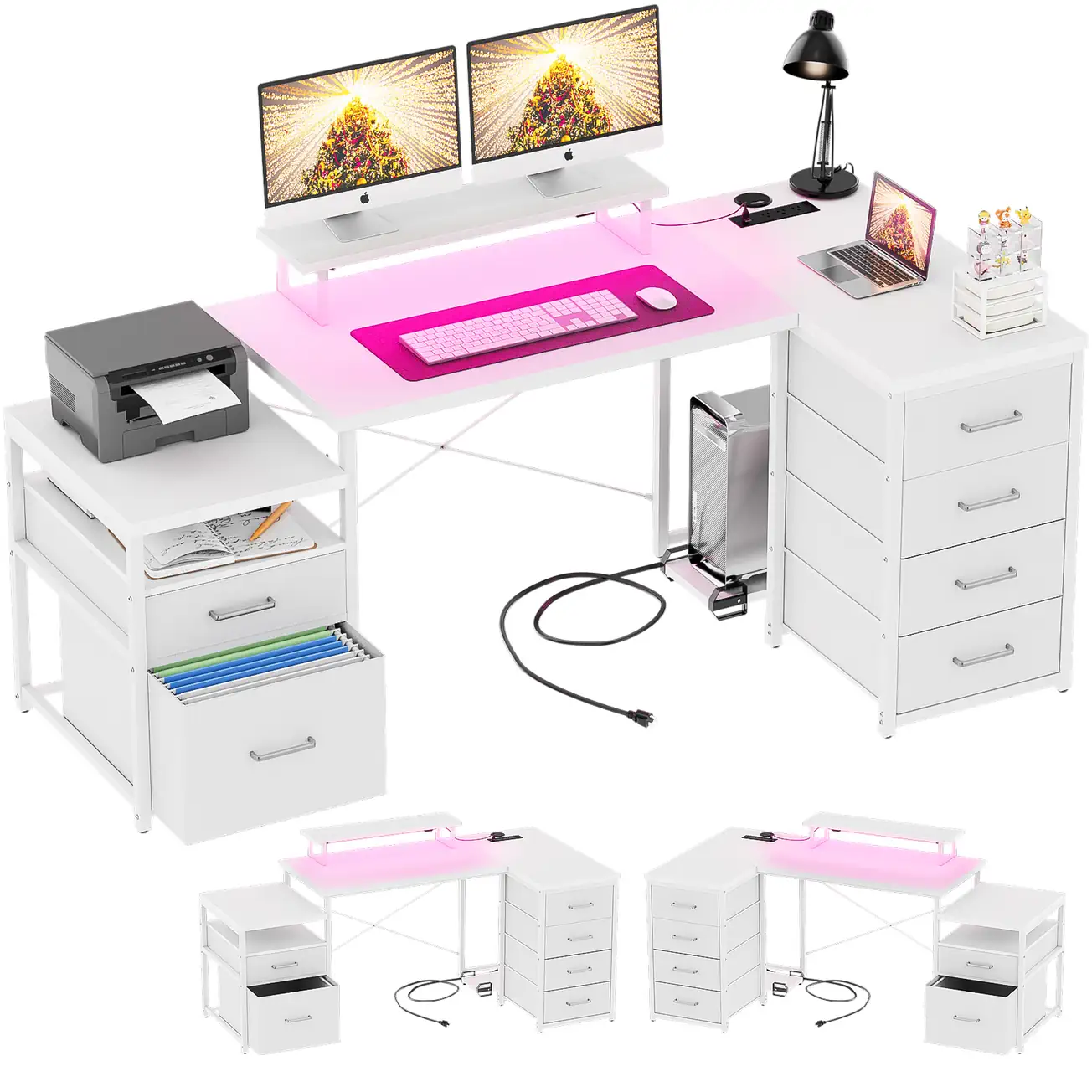 Comfuri 71-inch reversible L-shaped computer desk in pure white, featuring a file drawer cabinet, printer stand, smart LED lights, and long monitor riser comfuri 71 inch reversible l shaped computer desk with drawers pure white