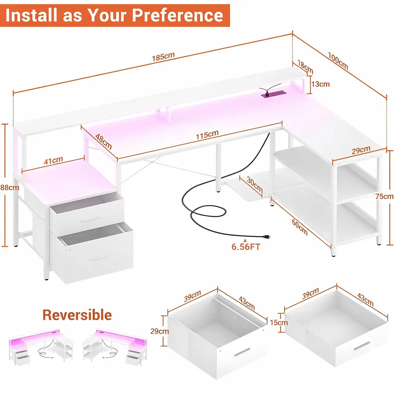 Comfuri L-Shaped Computer Desk Dimensions and Reversible Design Size Chart and Dimensions of Comfuri White Reversible L-Shaped Computer Desk showing 185cm Length