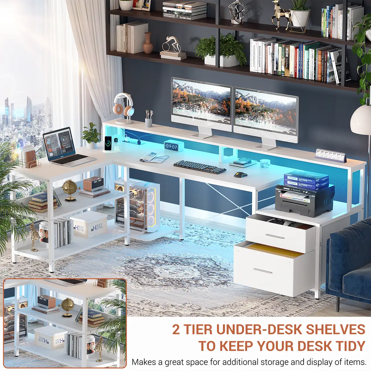 Comfuri White L-Shaped Desk with Under-Desk Shelves Comfuri White L-Shaped Computer Desk with 2 Tier Under-Desk Storage Shelves for Home Office Organization