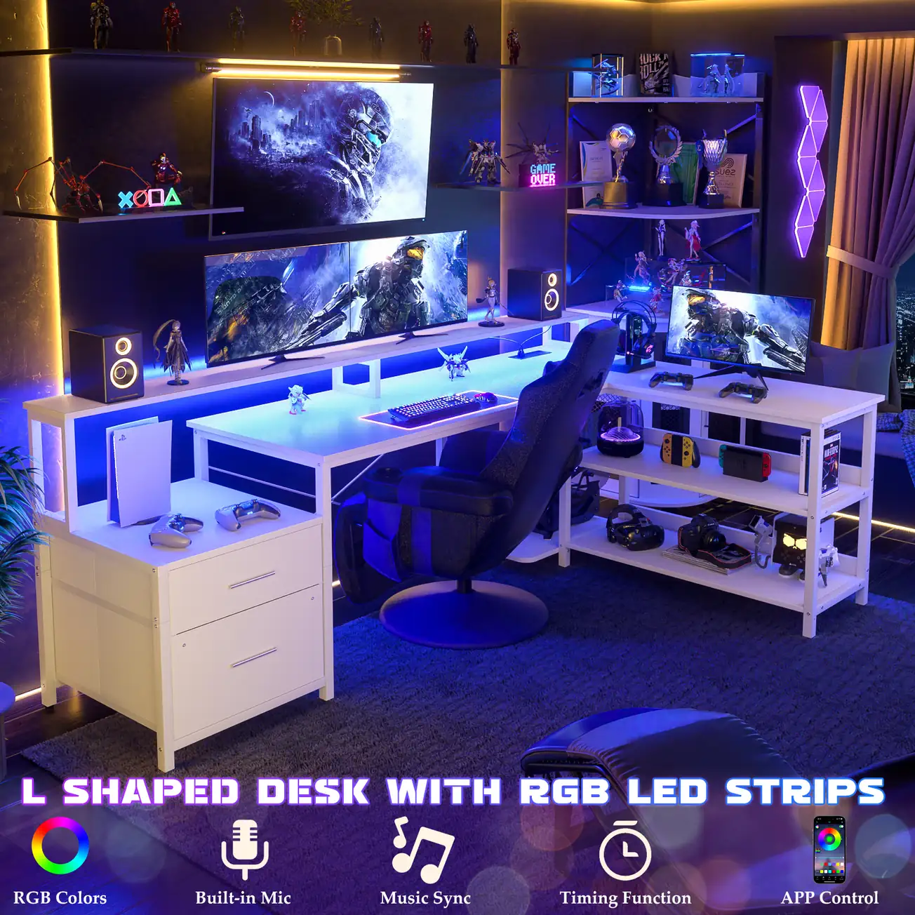 Comfuri White L-Shaped Desk with Smart RGB LED Lights Comfuri White L-Shaped Gaming Desk with Smart APP Control RGB LED Strips, Music Sync and Timing Function