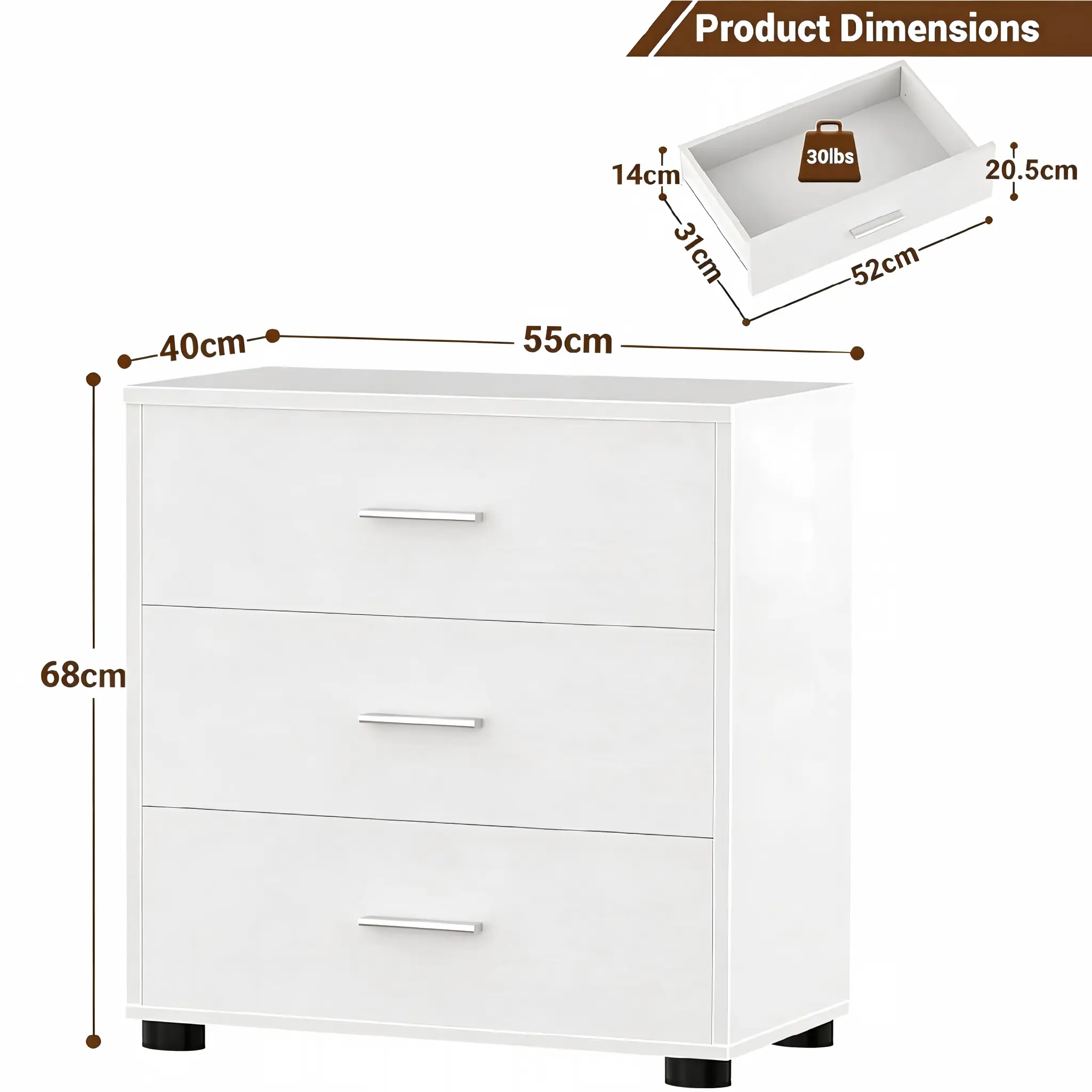 White 3-Drawer Dresser Dimensions & Size Chart Wholesale white 3-drawer dresser detailed dimensions and size chart, showing 21.7 inch width compact wood chest of drawers with 30 lbs drawer weight capacity