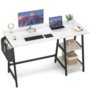 Modern white computer desk with side shelves and fabric storage bag for home office