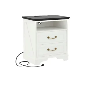 Antique white farmhouse wood nightstand with a black top and 2 drawers on a pure white background, featuring a built-in charging station and an open shelf.