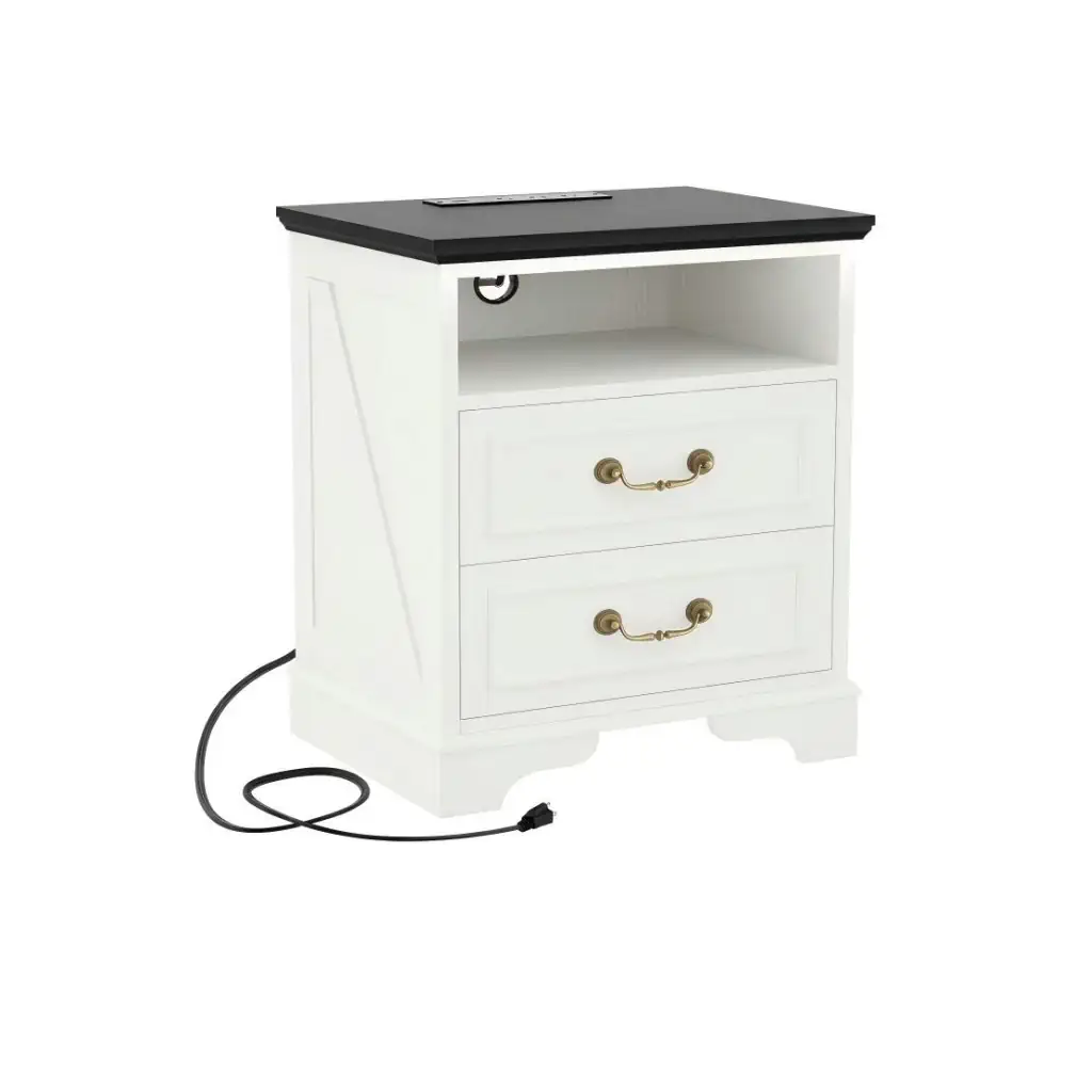 Antique white farmhouse wood nightstand with a black top and 2 drawers on a pure white background, featuring a built-in charging station and an open shelf.