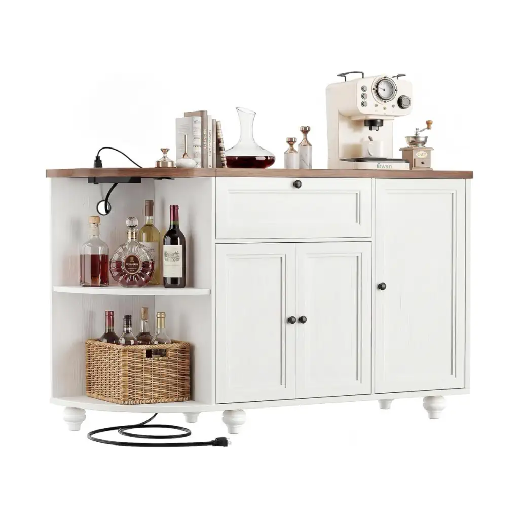 Wholesale farmhouse coffee bar cabinet with side open shelves, white buffet sideboard with wine rack and built-in power strip on a white background