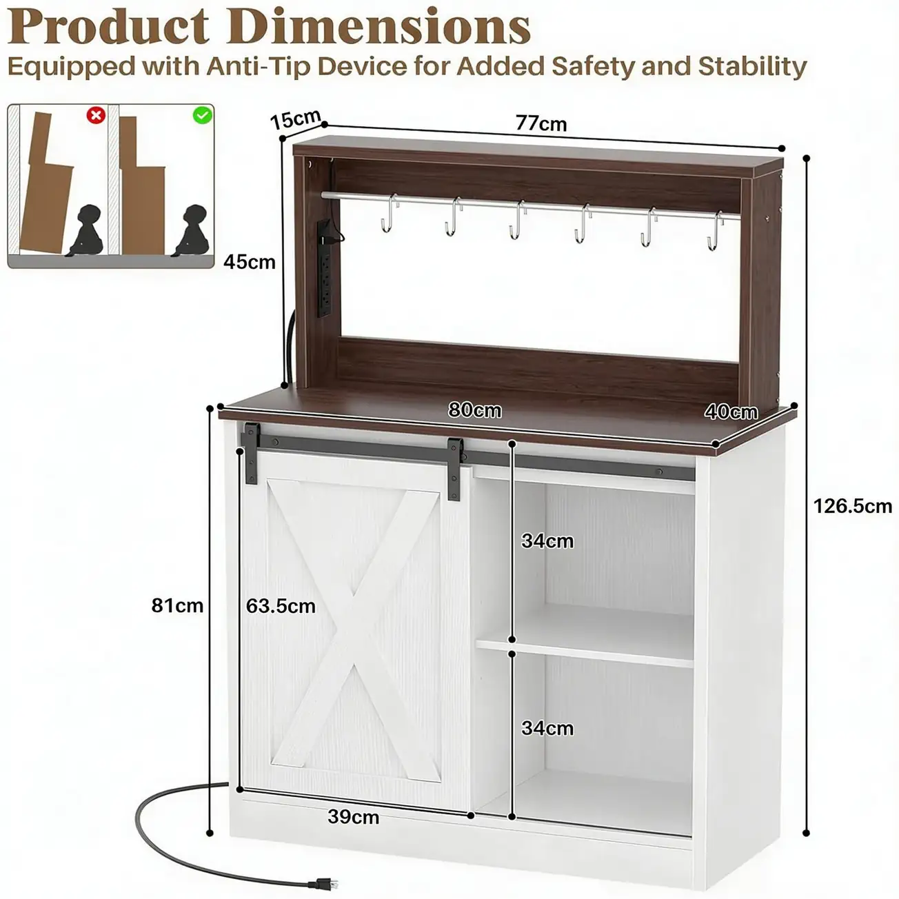 Farmhouse Coffee Bar Cabinet Dimensions & Size Chart Detailed product dimensions and size diagram of the farmhouse coffee bar cabinet with hutch, including anti-tip device safety specifications