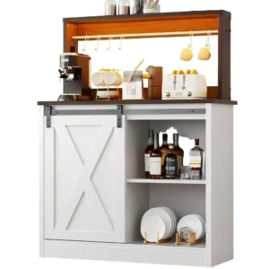 Wholesale farmhouse coffee bar cabinet with sliding barn door, two-tone kitchen buffet sideboard with hutch on a white background