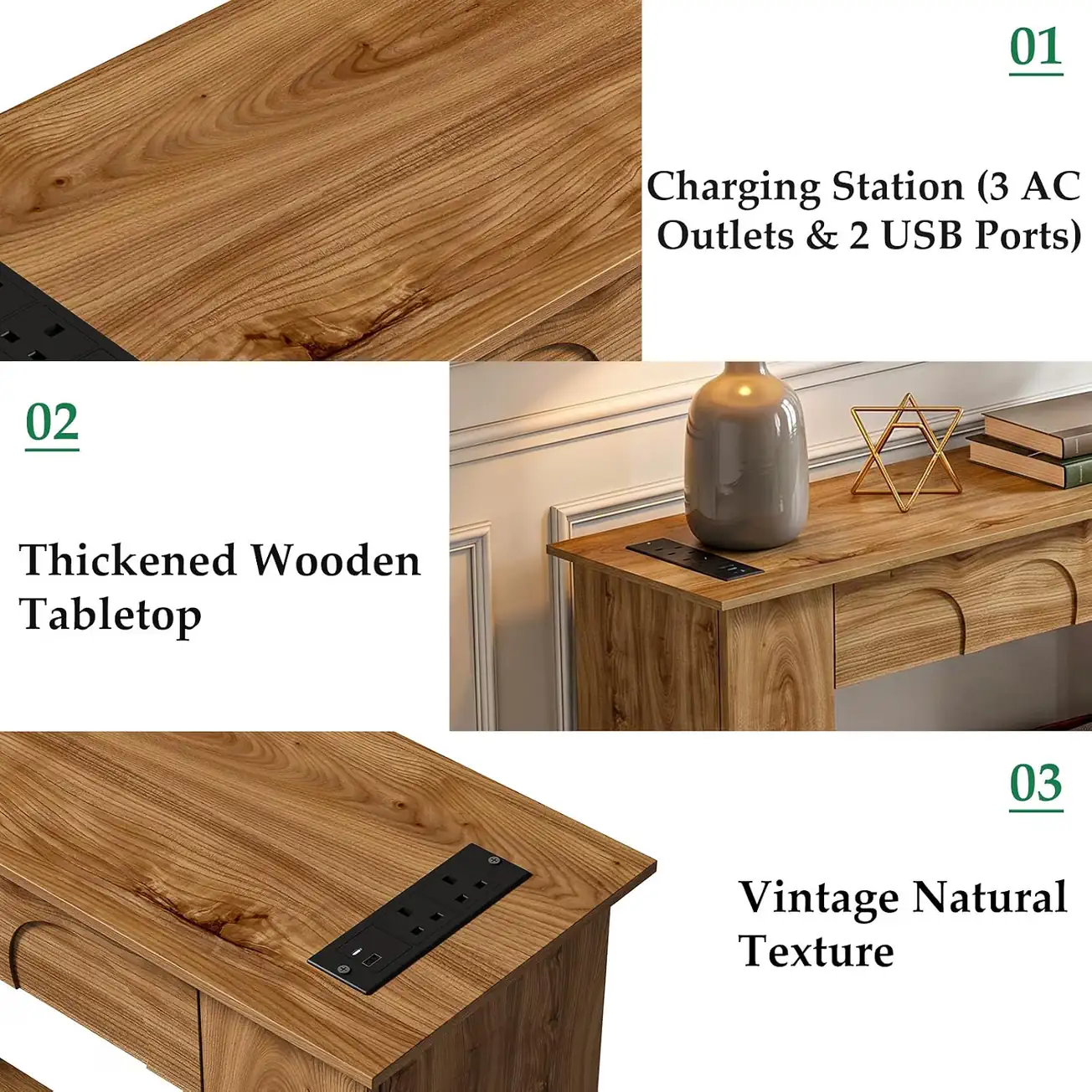 Farmhouse Entryway Table - Craftsmanship Features Detail Detail view of farmhouse console table showing charging station with 3 AC outlets, thickened wooden tabletop, and vintage natural texture