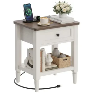 Wholesale white farmhouse end table with charging station and drawer