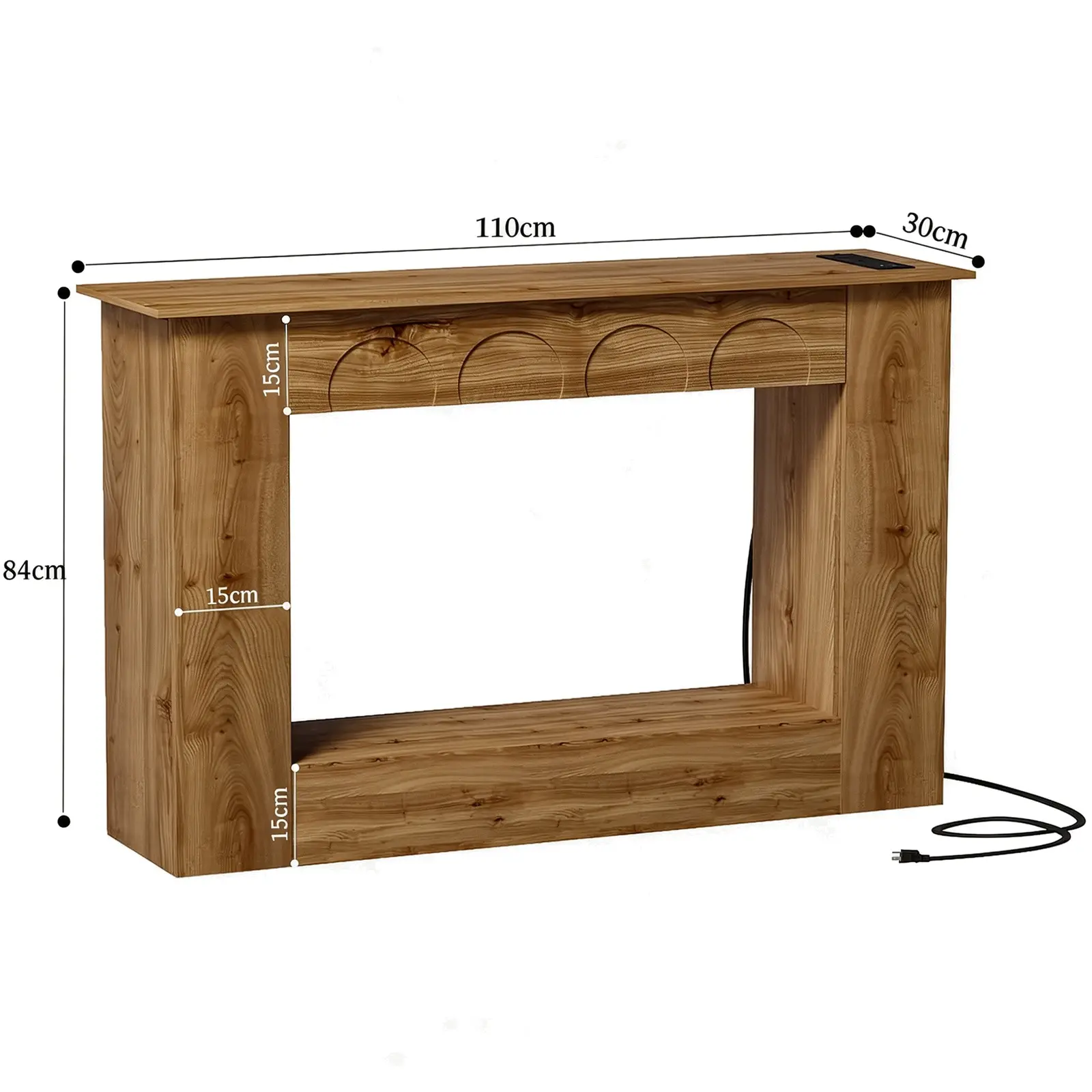 Farmhouse Entryway Table with Charging Station & LED Lights - Dimensions Product dimensions guide for farmhouse console entryway table showing 110cm width, 84cm height, and 30cm depth