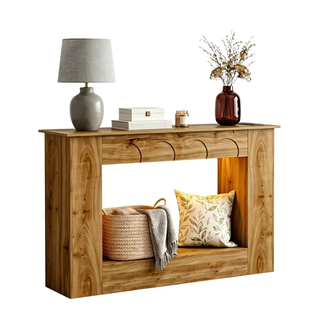 Natural oak farmhouse entryway table with built-in LED lights and charging station styled as a cozy home foyer console table