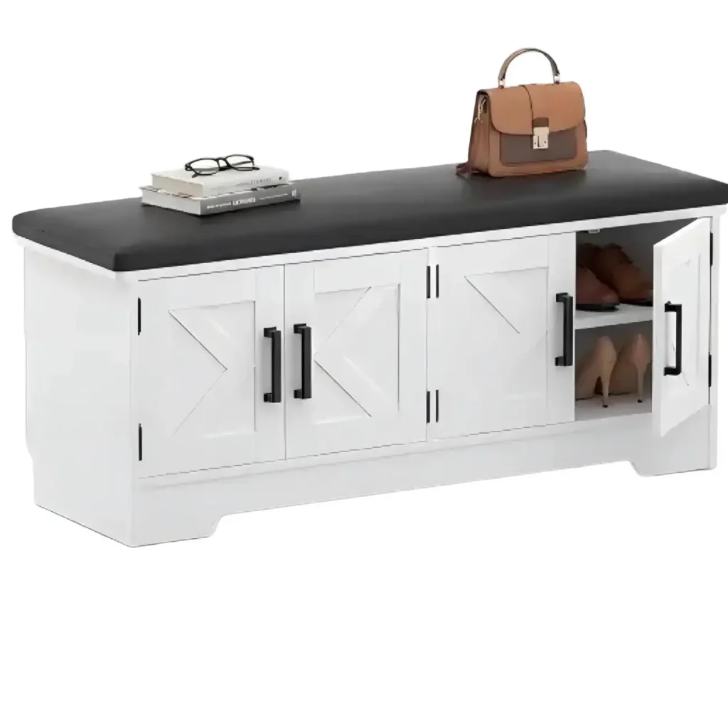 White farmhouse shoe storage bench with upholstered cushion seat and 4 X-panel barn doors