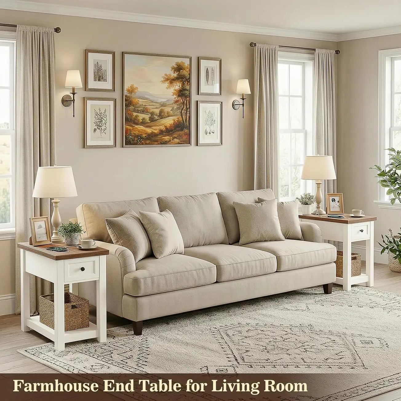 Farmhouse Narrow Side Table Pair - Living Room Sofa Arrangement A pair of slim farmhouse end tables in antique white and brown wood finish styled symmetrically on both sides of a beige living room sofa, decorated with table lamps, coffee cups, and woven storage baskets underneath