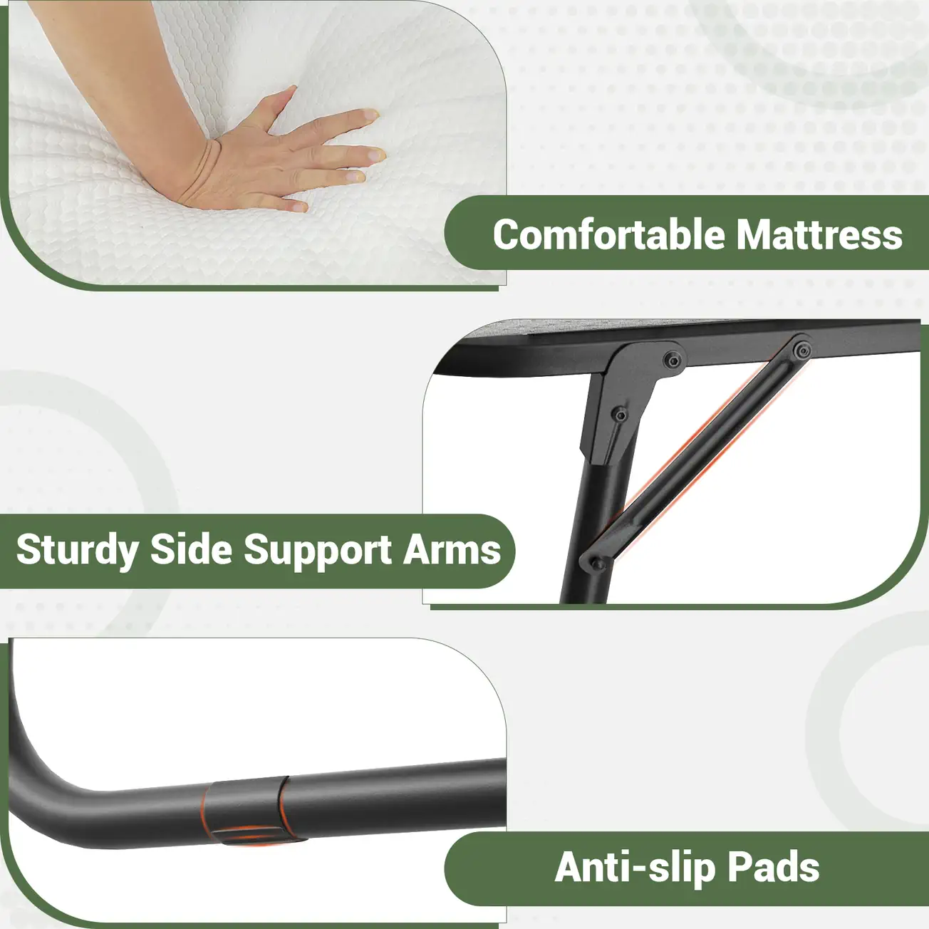 Commercial-Grade Folding Bed Structural Details & Ergonomic Mattress Product detail features of the folding bed showing a comfortable memory foam mattress, sturdy reinforced metal side support arms, and protective anti-slip rubber pads on the frame