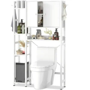 White freestanding over the toilet storage cabinet with 2 doors and multi-tier side shelves