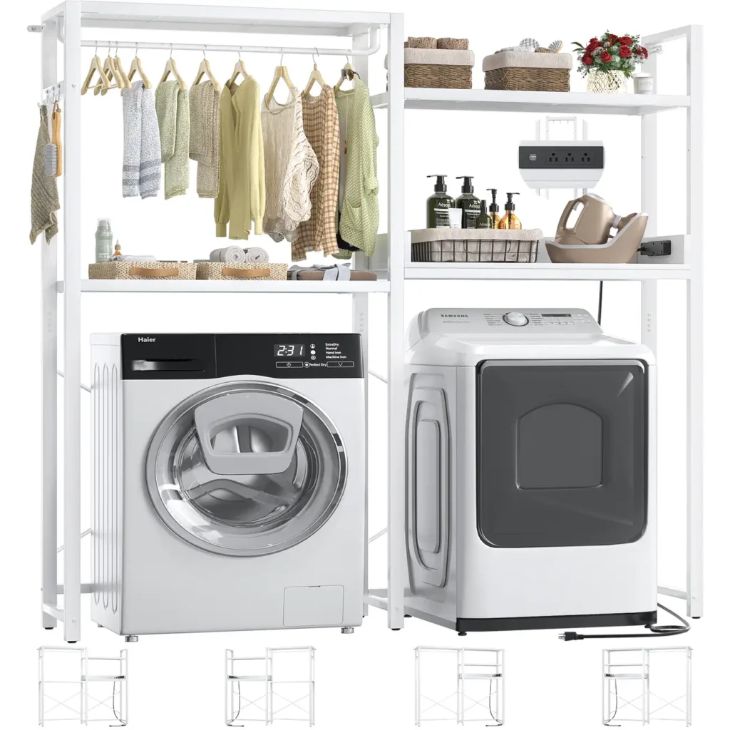 Modern full white 4-tier over washer and dryer storage rack featuring solid white panels, white steel frame, integrated hanging rod, and insets showing 4 modular DIY assembly configurations