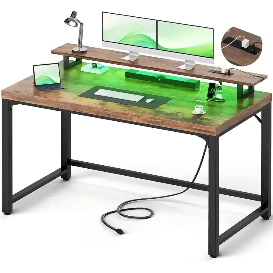 Rustic brown 55 inch gaming desk with built in charging station and LED lights