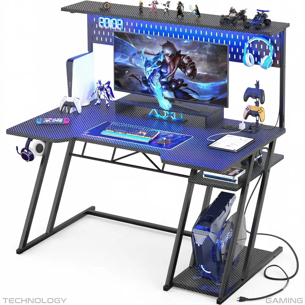 Blue gaming desk with hutch, led lights and pegboard for ergonomic ergonomic setup