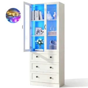 6-Tier Glass Display Cabinet with LED Lights in Solid White, Modern Bookcase with 3 Drawers