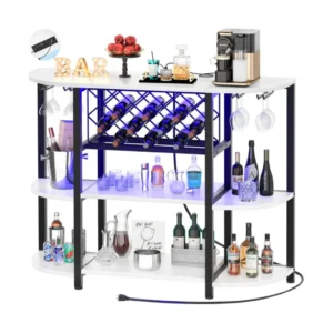 Half-round freestanding mini bar cabinet with bright sleek tabletop and integrated charging outlet
