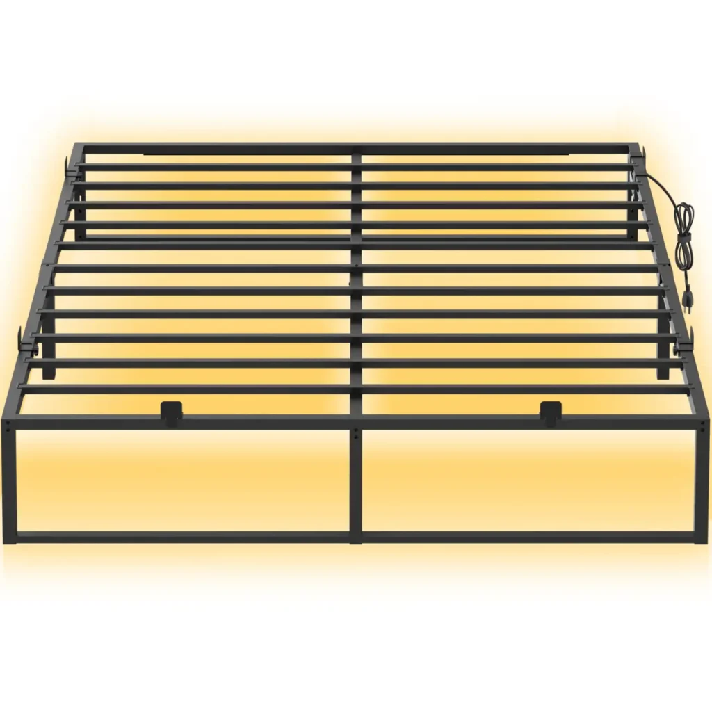 Isolated front view of the heavy-duty black metal platform bed frame showing dense steel slats structure, mattress non-slip gaskets, and under-bed LED glow