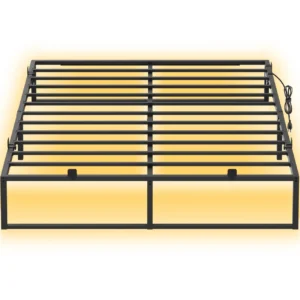 Isolated front view of the heavy-duty black metal platform bed frame showing dense steel slats structure, mattress non-slip gaskets, and under-bed LED glow