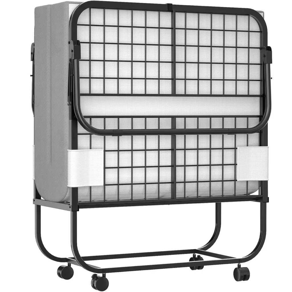 "Folded heavy-duty rollaway guest bed featuring a black metal frame on smooth-rolling wheels with an anti-slip velcro stabilization system holding the memory foam mattress