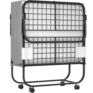 "Folded heavy-duty rollaway guest bed featuring a black metal frame on smooth-rolling wheels with an anti-slip velcro stabilization system holding the memory foam mattress