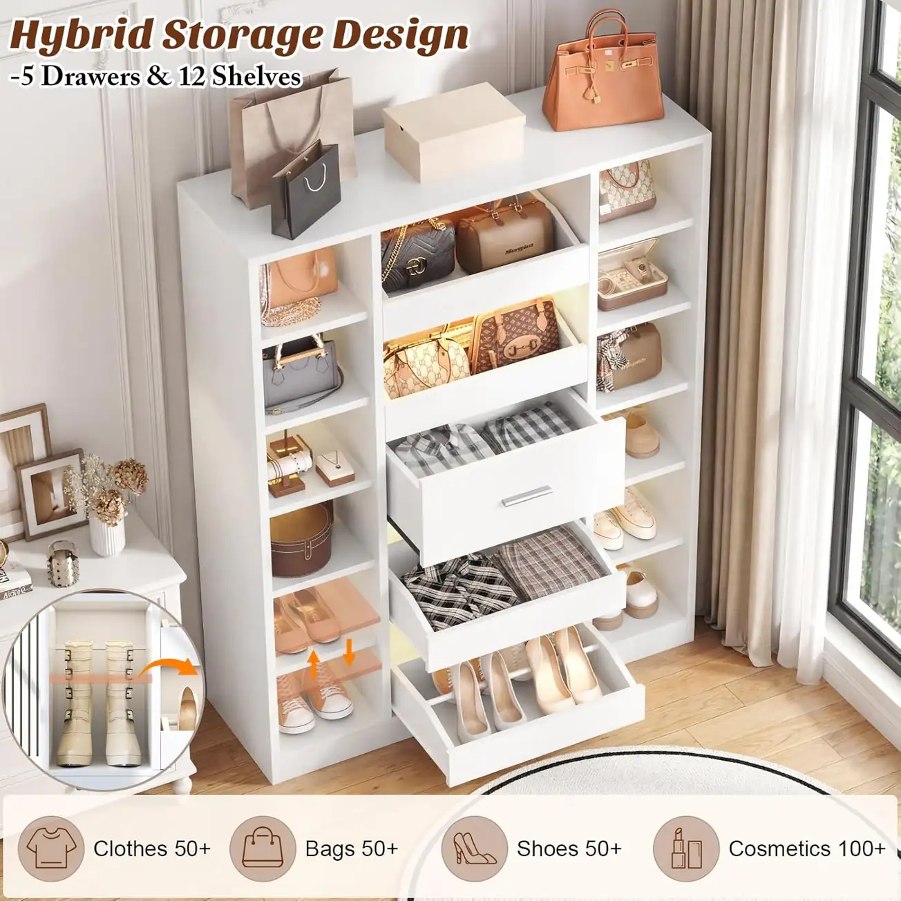 Multi-Functional Hybrid Storage Shoe & Bag Cabinet White hybrid storage cabinet with 5 open drawers and 12 shelves, showcasing organized clothes, luxury bags, shoes, and cosmetics under warm LED lighting
