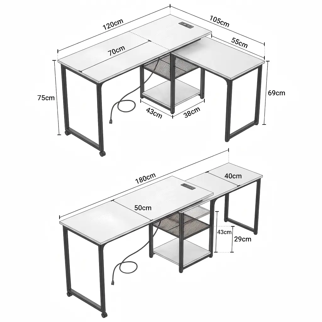 71 Inch Rotating L Shaped Desk Dimensions Layouts 71" (180.34 cm) reversible L-shaped rotating desk dimensions and multi-configurable office workstation layouts