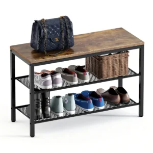Industrial 3 tier shoe rack bench with rustic brown wooden top and black metal mesh shelves